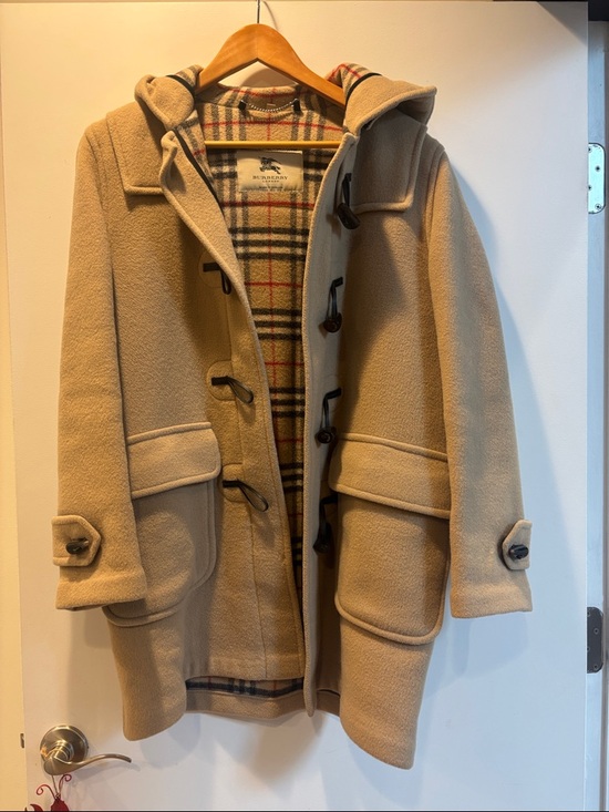 Burberry Jackets & Blazers - Burberry Beige Hooded Duffle Coat with Signature Check Lining